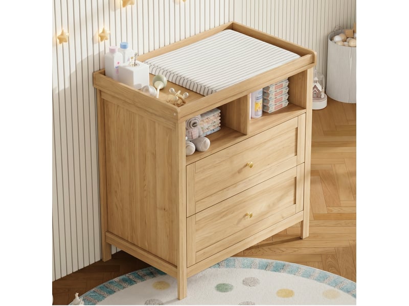  Commode à langer avec 2 tiroirs et niches ouvertes, rebord de sécurité amovible pour chambre bébé en mdf naturel  - Conforama B