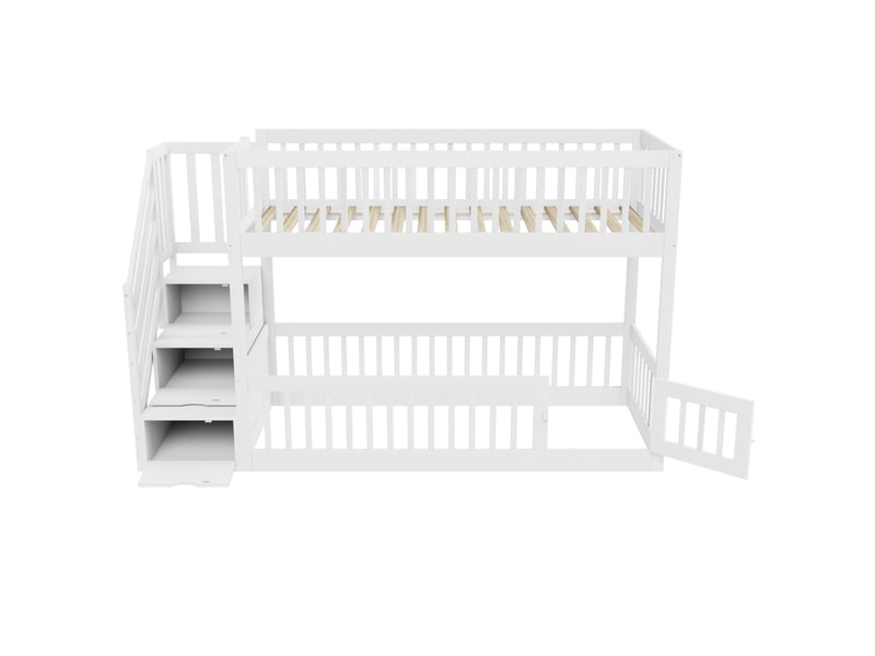  Lit superposé 90×200 cm avec escalier, tiroirs et barrières en bois massif blanc sans matelas  - Conforama D