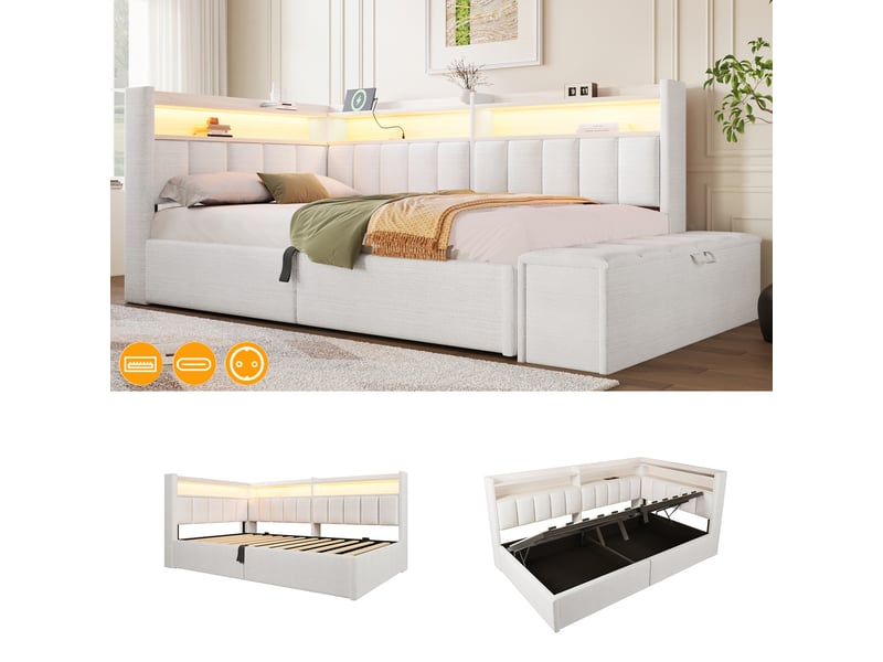  Canapé-lit coffre 90 x 200 cm - avec prise électrique - avec port usb + bande lumineuse led - beige (matelas non inclus)  - Conforama E