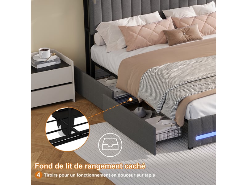  Lit 140 x 190 avec sommier, 4 tiroirs rangement, tête de lit rangement, led rgb, prise eu + usb, tissu lin gris  - Conforama E
