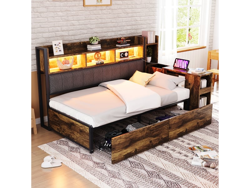  Lit avec rangement 90x200 cm coloris naturel led métal lit enfant naturel - Conforama B