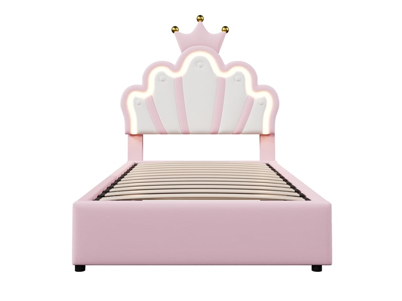  Lit rembourré princesse pu rose 90x200 cm, led, coffre hydraulique et tête de lit réglable  - Conforama A