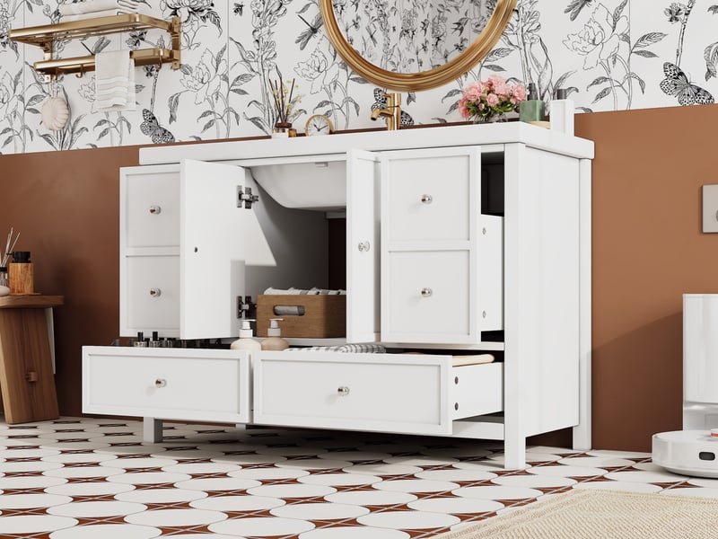 Meuble vasque autoportant 120cm, 4 tiroirs silencieux, 2 portes à fermeture douce, vasque résine, blanc  - Conforama B