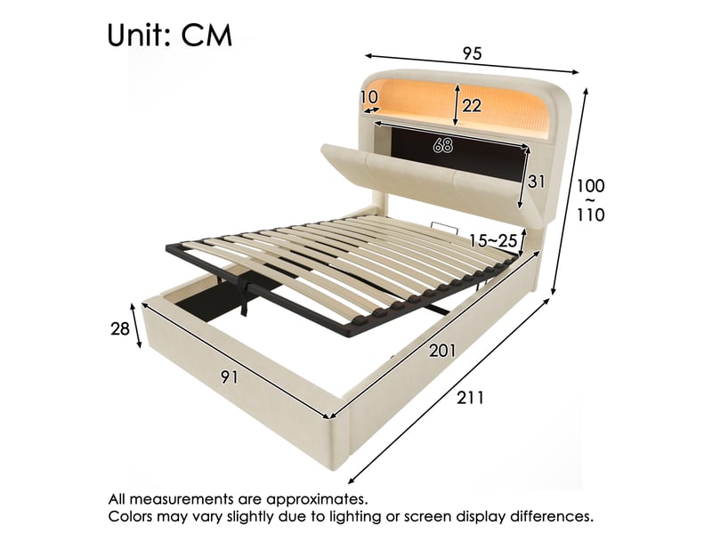  Lit enfant 90x200 cm – beige – coffre hydraulique, tête de lit réglable, led et matelas inclus  - Conforama C