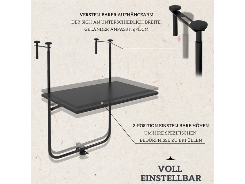  Table de balcon suspendue pliante 62x60 cm – noire – 3 hauteurs, fixation réglable de 6 à 15 cm sur rambarde  - Conforama E
