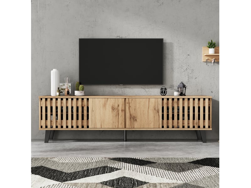 Ensemble meuble tv et buffet tcqpz 180 x 40 x 55 cm et 150 x 40 x 95 cm pour tv 70 pouces aspect bois naturel  - Conforama E