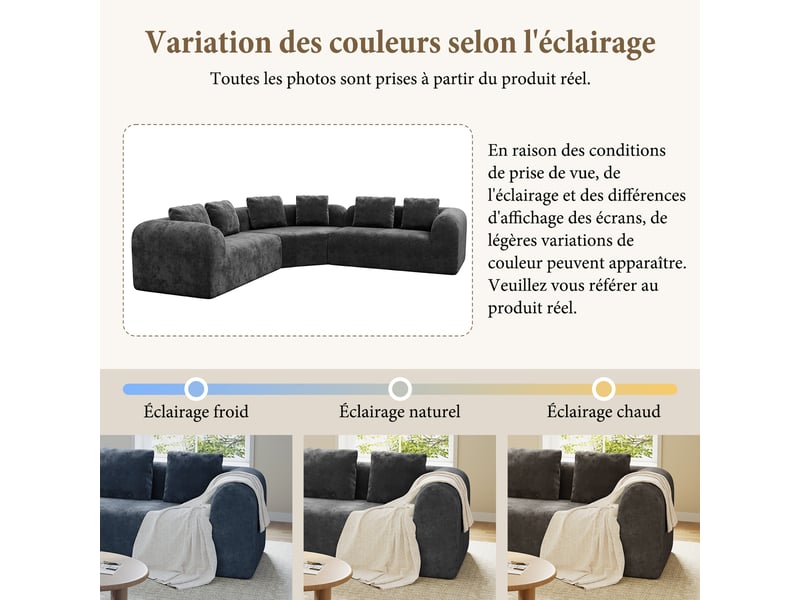 Canapé d'angle incurvé 3 places en tissu chenille premium,canapé compressé sans montage,mousse haute résilience,gris 326x97x66CM - Conforama W