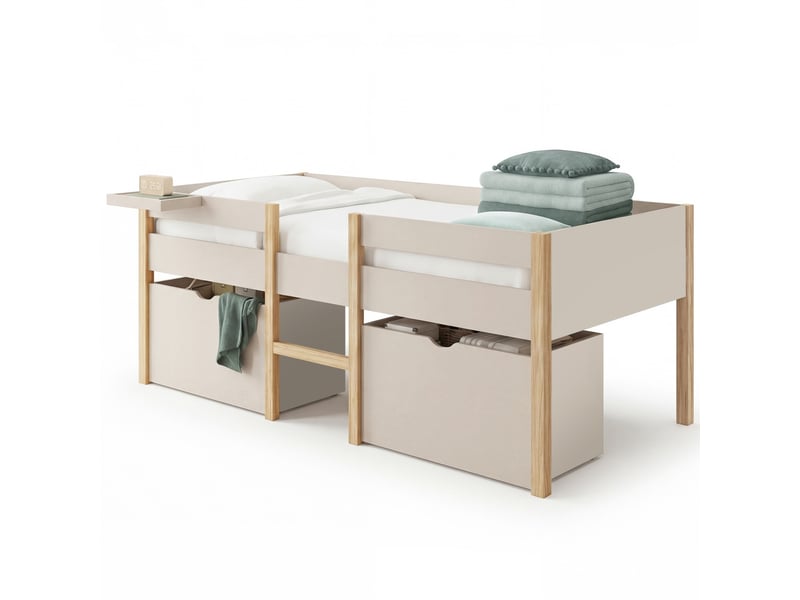 Lit simple surélevé mi-hauteur 90 x 190 cm servane avec sommier, barrières, 2 tiroirs de rangement et tablette beige et bois - Conforama A