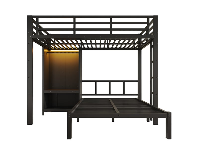  Lit superposé noir avec rangement et led, cadre métal &amp; bois  - Conforama R
