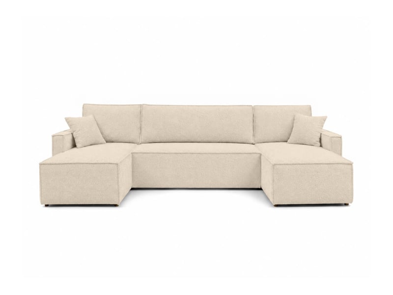  Farah - canapé d'angle panoramique convertible 6 places accoudoirs slim en tissu bouclettes généreuses  - Conforama E