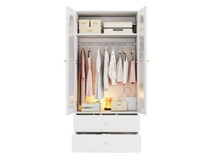Armoire 2 portes 89,5x50,5x200 cm avec 2 tiroirs et tringle, blanche