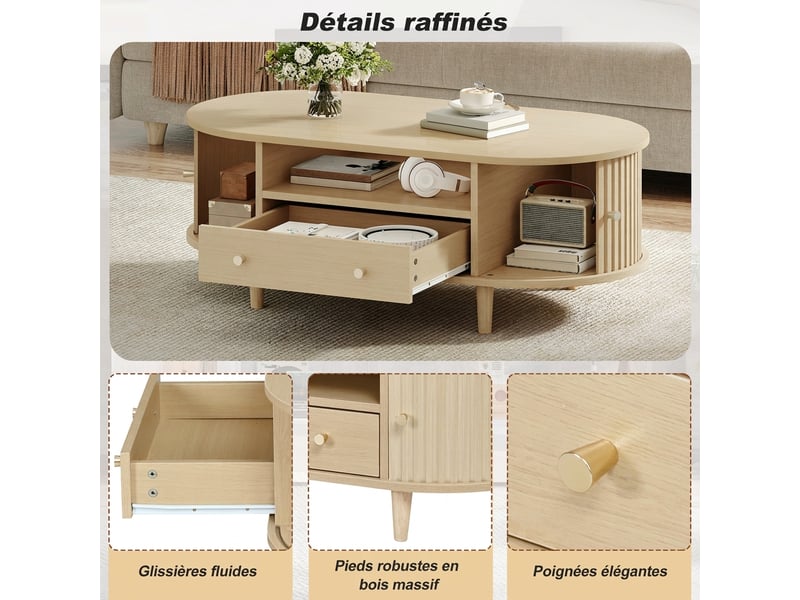  Table basse ovale en bois avec tiroir et porte coulissante 100x50 cm - rangement ouvert  - Conforama E