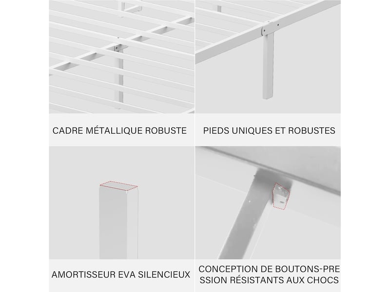  Ensemble matelas et sommier 140x190, surmatelas épaisseur 30 cm, fermeté moyenne, cadre de lit avec base en métal, avec lumières led et prises multiples, avec blanc casier  - Conforama B
