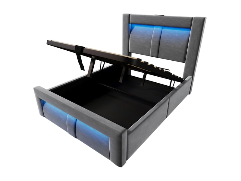 Lit coffre enfant 90x200cm rangement led prises usb type-c recharge rapide tête incurvée velours gris sans matelas - Conforama E