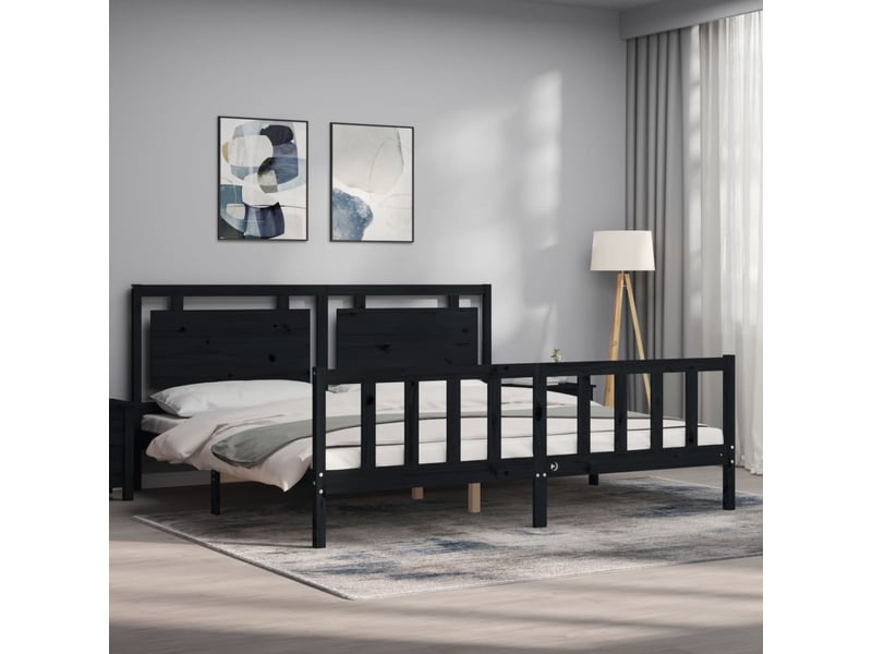  Lit double- lit adulte -  cadre de lit sans matelas noir 200x200 cm bois massif de pin  - Conforama B