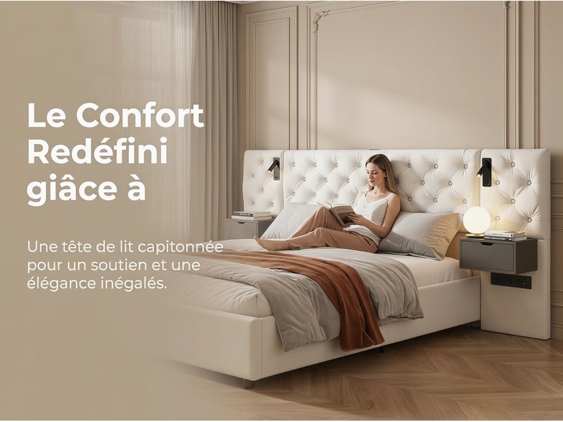  Lit 2 places 160 x 200 cm - led rgb, 4 tiroirs et tête capitonnée  - Conforama E
