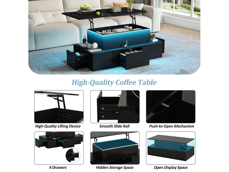  Table basse relevable 100x50x40 cm avec 4 tiroirs, éclairage led, rangement dissimulé, pour salon, moderne, mdf, noir  - Conforama E