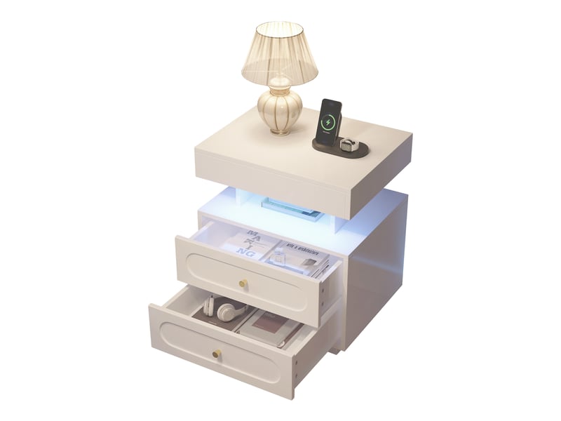  Table de chevet avec led, 2 tiroirs et rangement ouvert, blanc, 50×40×60 cm  - Conforama E