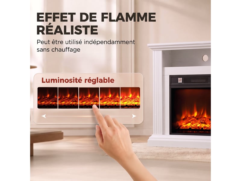  Cheminée électrique 1800 w, manteau effet bois blanc, flamme 3d, thermostat, jusqu’à 30 m²  - Conforama R