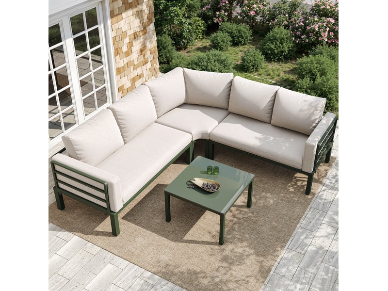  Canapé fauteuil salon extérieur table 4 5 places fer galvanisé verre trempé beige homvra  - Conforama C