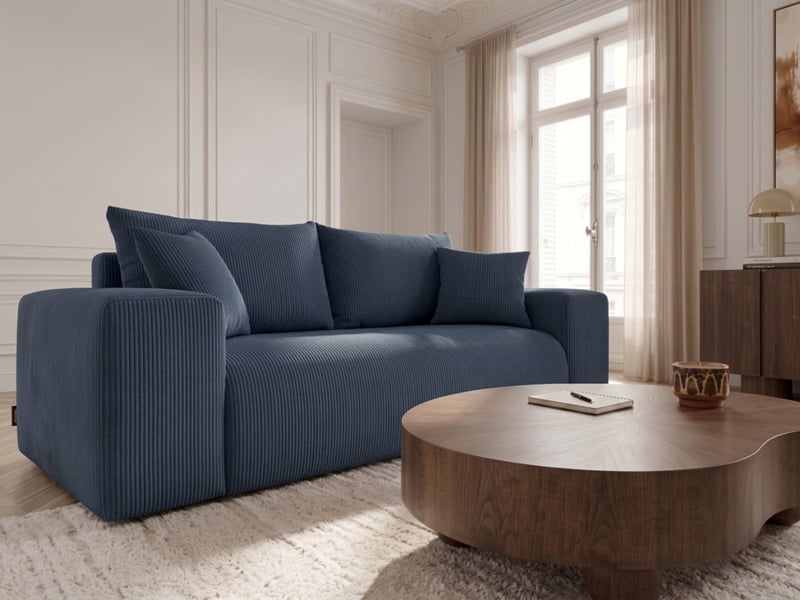 Bobochic canapé droit convertible ouverture express voltaire tissu velours côtelé bleu 140x200 VOLTAIRE - Conforama D