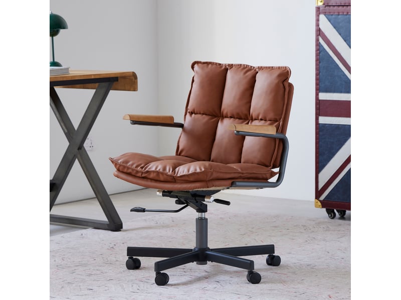  Chaise de bureau en similicuir marron avec accoudoirs en chêne, hauteur réglable et rotation à 360°  - Conforama B