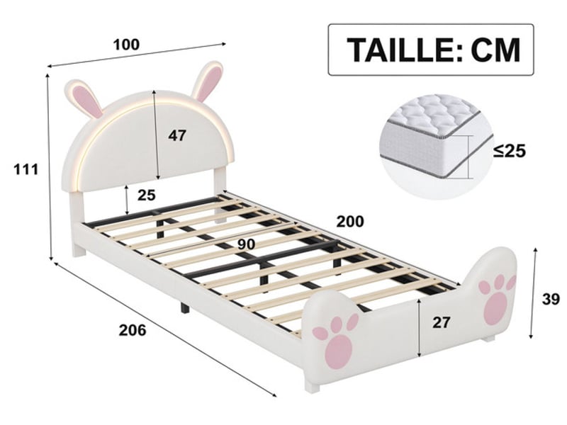  Lit enfant 90x200 cm ezssw, coloris crème et rose  - Conforama C