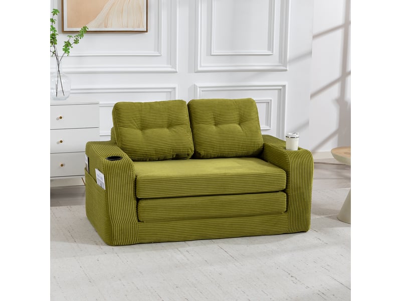  Canapé deux places en velours côtelé vert olive, canapé modulable avec assise 100 cm, coussins moelleux et porte-gobelets  - Conforama W