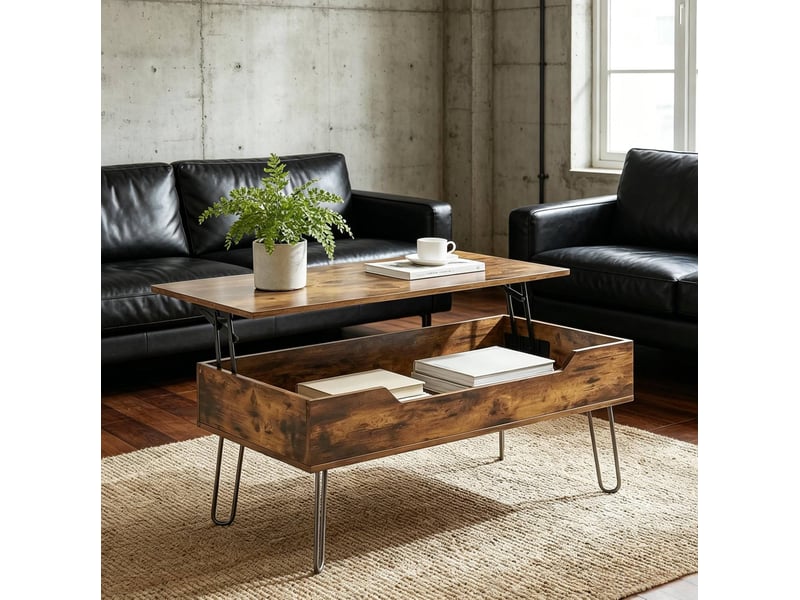  Table basse rectangulaire relevable avec rangement en mdf et acier marron noir  - Conforama E