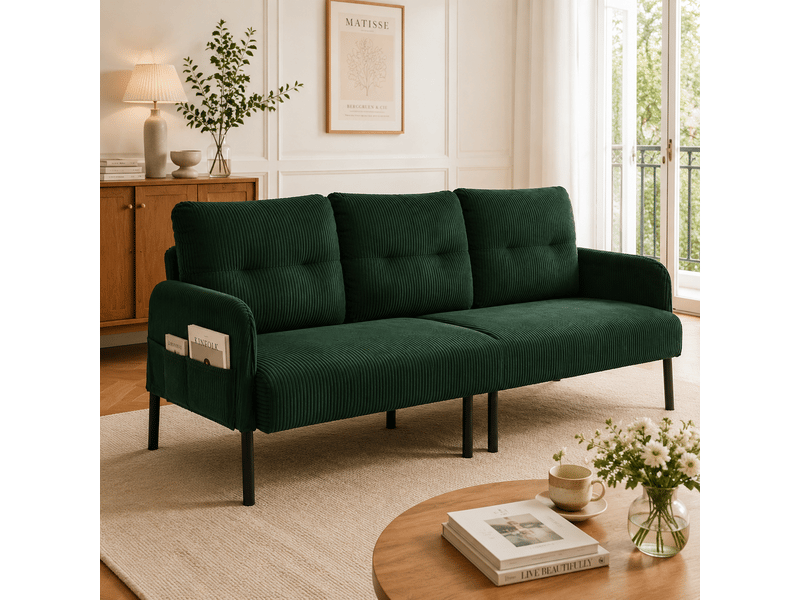  Canapé 3 places en velours côtelé vert émeraude avec dossier haut et poches latérales pratiques  - Conforama B