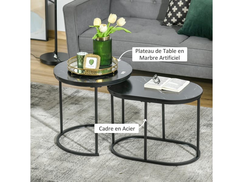  Lot de 2 tables basses tables d'appoint gigognes en acier et plateau mdf aspect marbre - noir - table ronde et ovale  - Conforama E