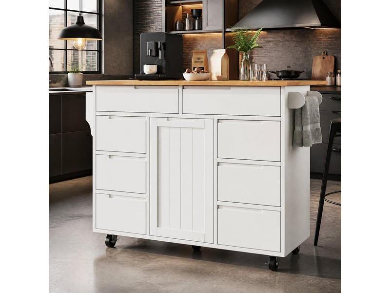  Desserte de cuisine avec 8 tiroirs, placard, plateau rabattable, porte-serviettes et roulettes freinées en mdf blanc  - Conforama B