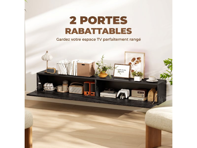 Meuble tv suspendu 2 portes rabattables en mdf noir 140 x 25 x 22 cm  - Conforama E