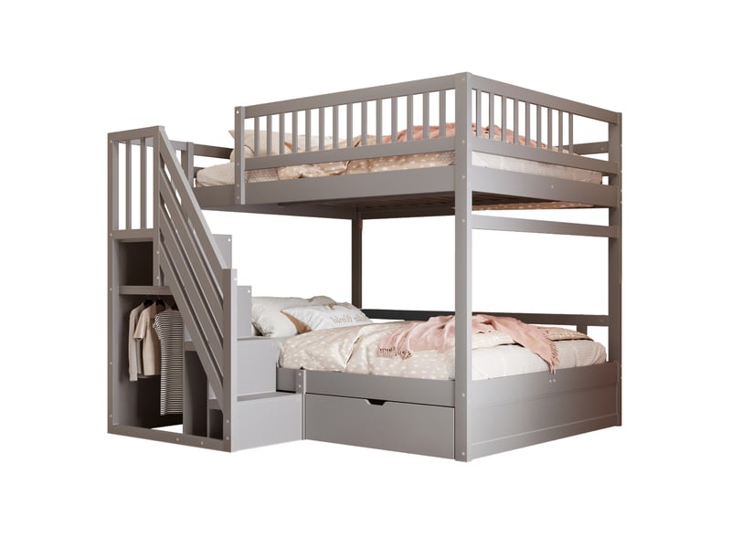 Lit superposé enfant 140x200 cm – gris – escalier de rangement, tiroir inférieur et sommier, sans matelas - Conforama A