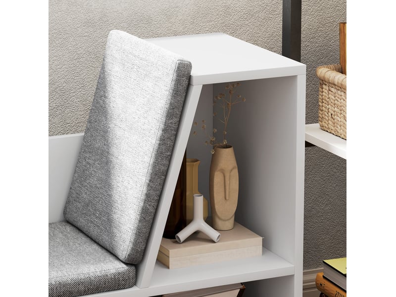  Étagère-banc avec coussin d'assise 105 x 30 x 63 cm – blanc – 6 compartiments de rangement  - Conforama D