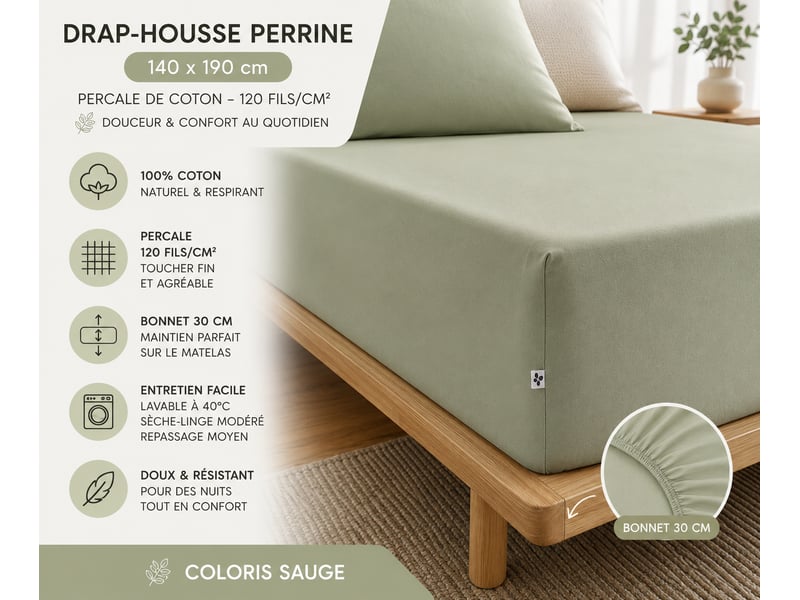  Drap-housse 140 x 190 cm percale de coton 120 fils unie perrine sauge 15195 - Conforama C