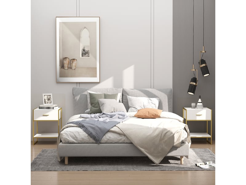 Ensemble de 2 tables de chevet modernes avec tiroir et étagère ouverte, en mdf et acier, 45 x 40 x 60 cm, blanc et or  - Conforama C