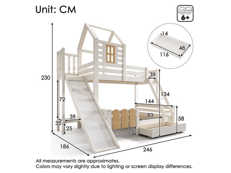  Lit superposé 90x200 et 140x200 cabane avec toboggan, lit avec sommier à lattes, bois massif, blanc et naturel  - Conforama C