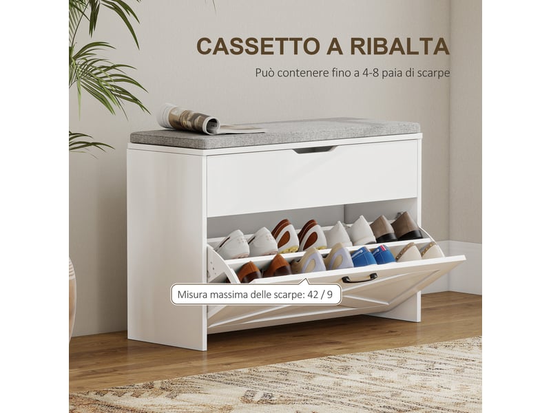  Meuble à chaussures avec tiroir rabattable et rangement pour 8 paires 80 x 30 x 55 cm en blanc  - Conforama E