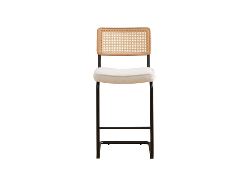  Tabourets de bar modernes – lot de 2, sans accoudoirs, assise chenille, dossier bois-rotin, pieds laqués ivoire  - Conforama A