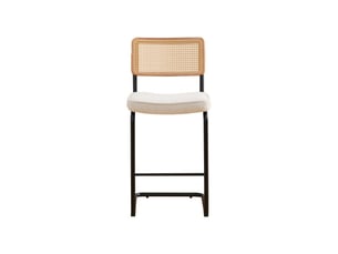Tabourets de bar modernes – lot de 2, sans accoudoirs, assise chenille, dossier bois-rotin, pieds laqués ivoire