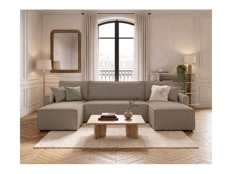 Farah - canapé d'angle panoramique convertible 6 places accoudoirs slim en tissu bouclettes texturées - Conforama B