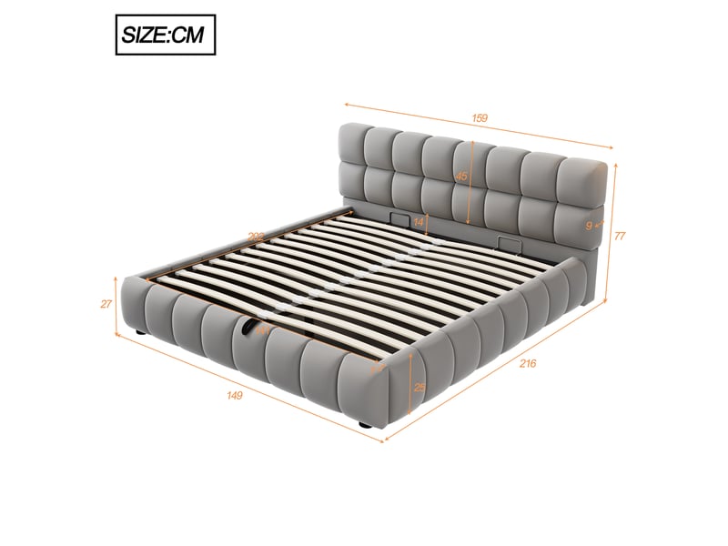 Lit coffre rembourré 140x200 cm avec rangement hydraulique, tête de lit épaisse, sommier à lattes, cadre enveloppant, velours - gris - Conforama E