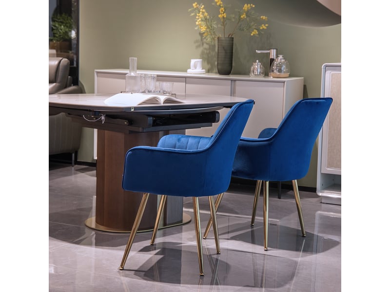  Lot de 2 chaises de salle à manger en velours bleu avec accoudoirs et pieds dorés  - Conforama D