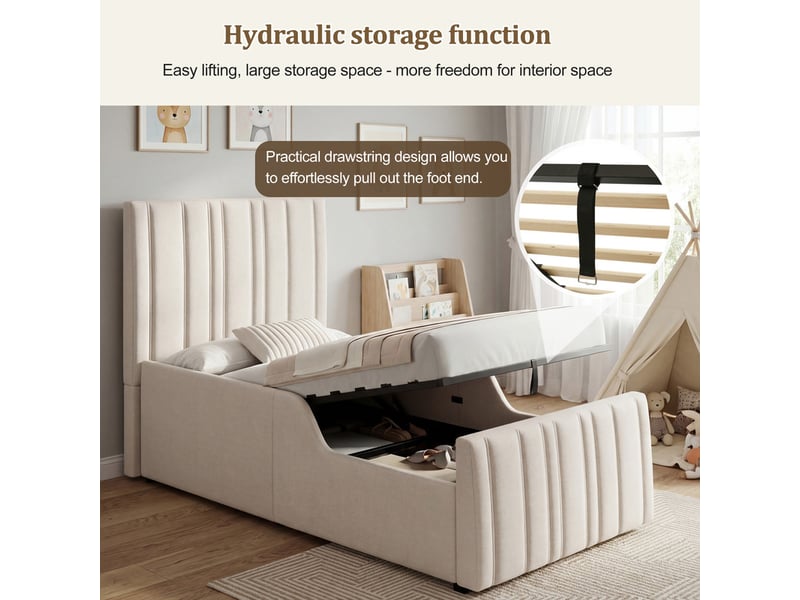  Lit enfant rembourré avec coffre de rangement - avec tête de lit capitonnée - sommier à lattes - lin - beige (sans matelas)  - Conforama E