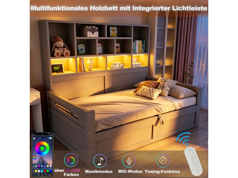  Lit coffre 90x200 cm - lit 1 personne avec rangement - tête de lit led - prises - étagères - gris  - Conforama R