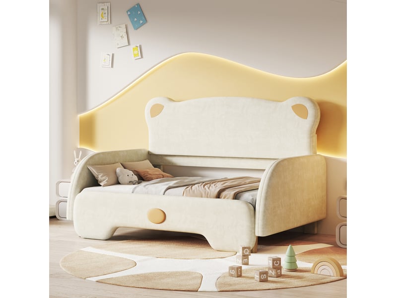  Lit enfant gigogne en forme d’ours 140x200 cm, couchage 140x105 cm, velours beige  - Conforama D