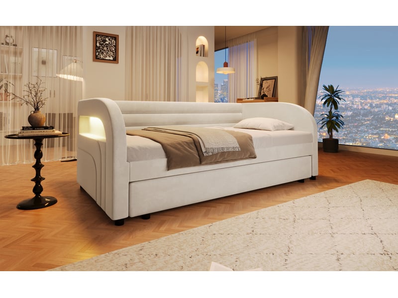  Lit banquette gigogne 90 × 200 cm, revêtement velours et led, beige  - Conforama B