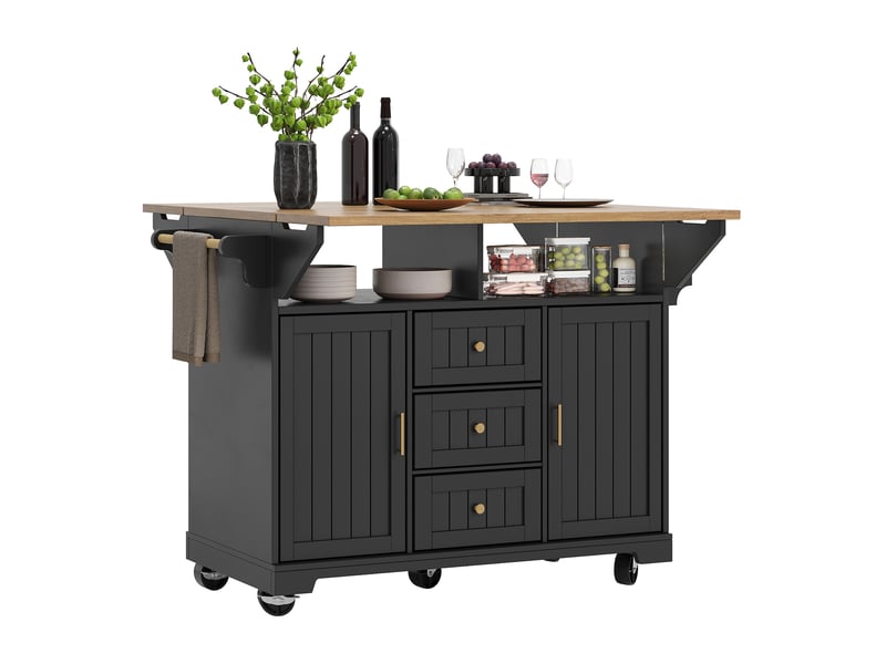  Îlot de cuisine 142,5x40(80)x95 cm, 3 tiroirs, 2 portes et plateau pliable, pour cuisine, en mdf et métal, bois et noir  - Conforama A