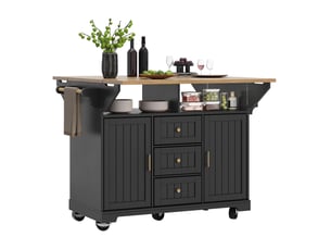 Îlot de cuisine 142,5x40(80)x95 cm, 3 tiroirs, 2 portes et plateau pliable, pour cuisine, en mdf et métal, bois et noir